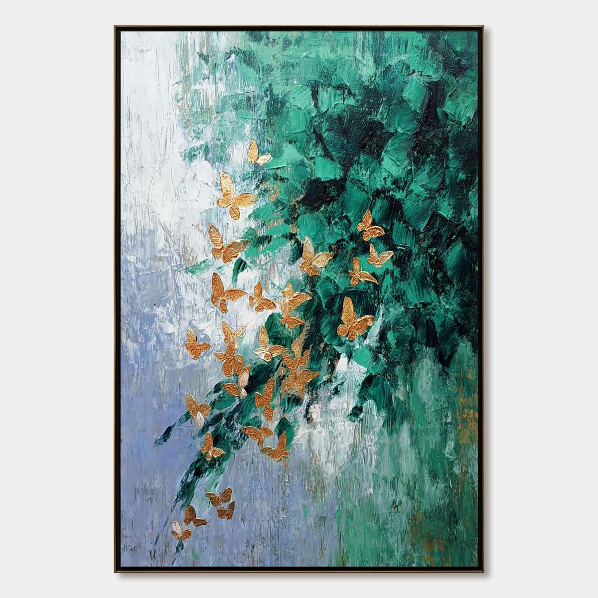 EMERALD FLUTTER: Textured Abstract Butterfly Painting with Golden Accents