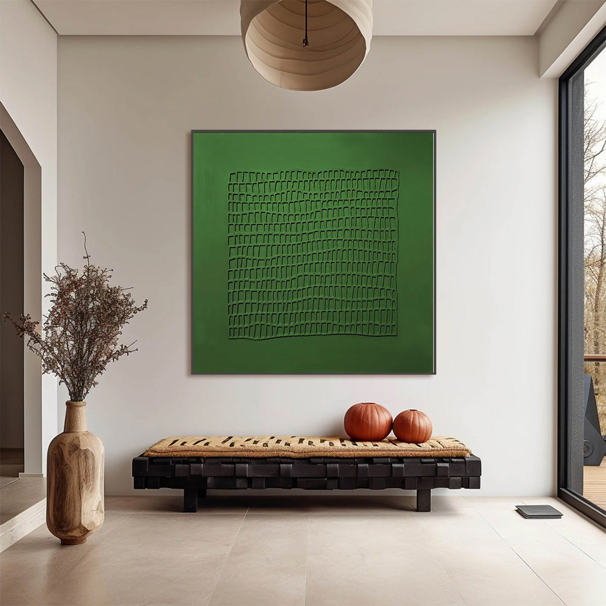 EMERALD GRID: Minimalist Textured Abstract Oil Painting