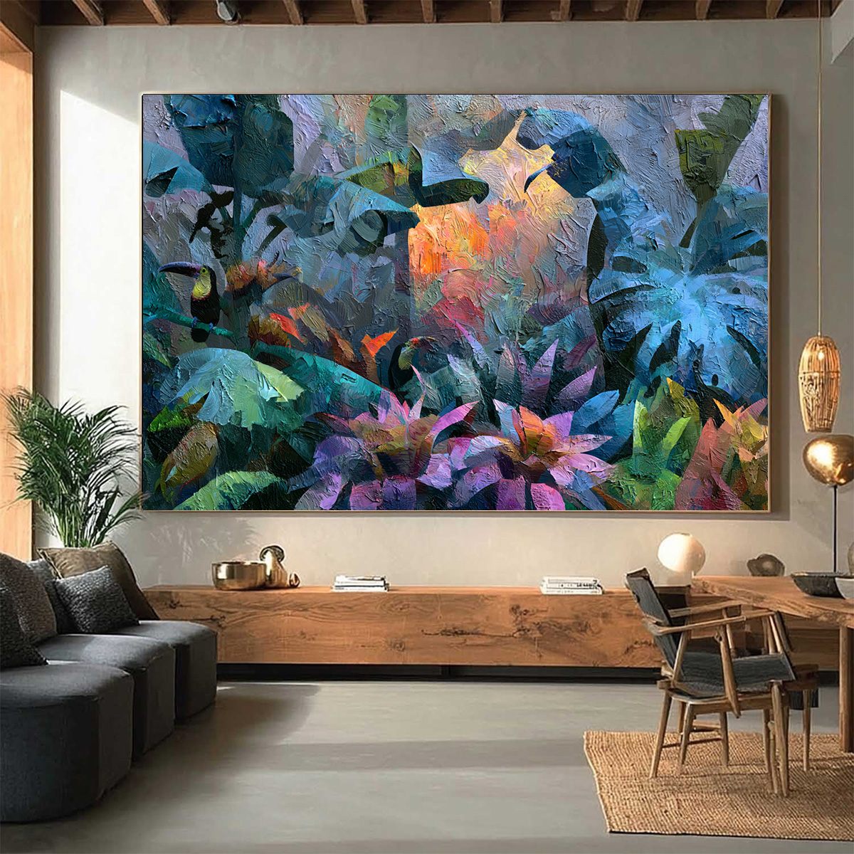 EMERALD HIDEAWAY: Vibrant Impasto Jungle Scene with Toucans