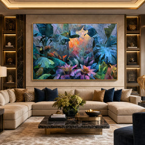 Impasto jungle wall art with toucans in vibrant blue, green and pink tones