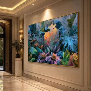 Vibrant impasto jungle wall art with toucans and emerald leaves in gold frame