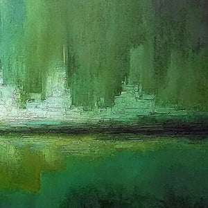 EMERALD HORIZON: Abstract Green Textured Cityscape Oil Painting