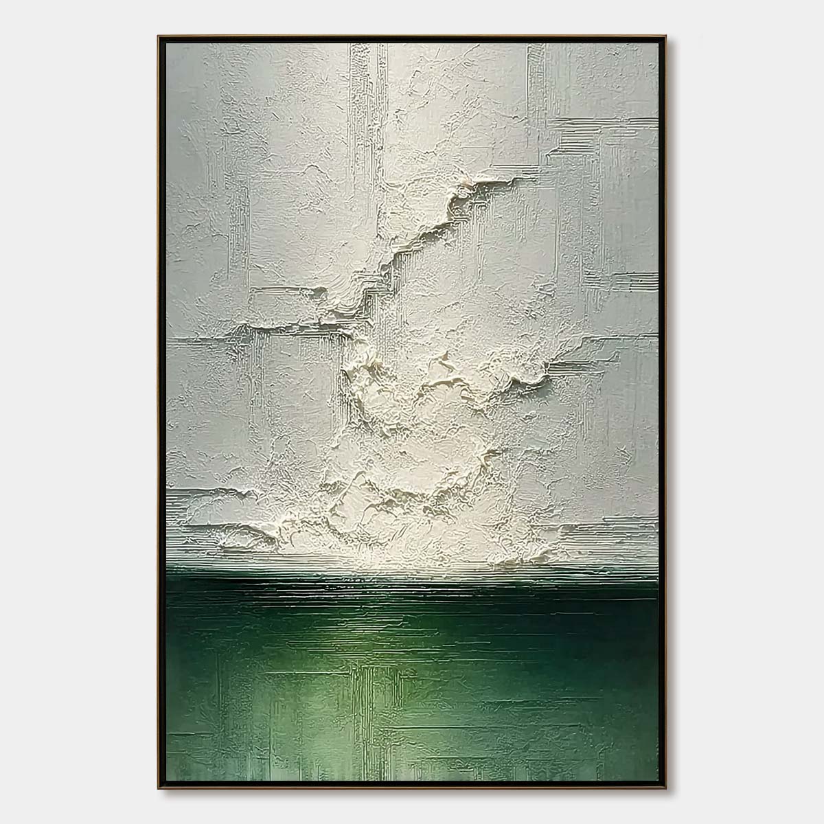 Emerald Horizon: Textured Abstract Green & White Oil Painting