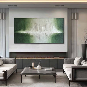 EMERALD HORIZON: Large Textured Green and White Abstract Cityscape Painting