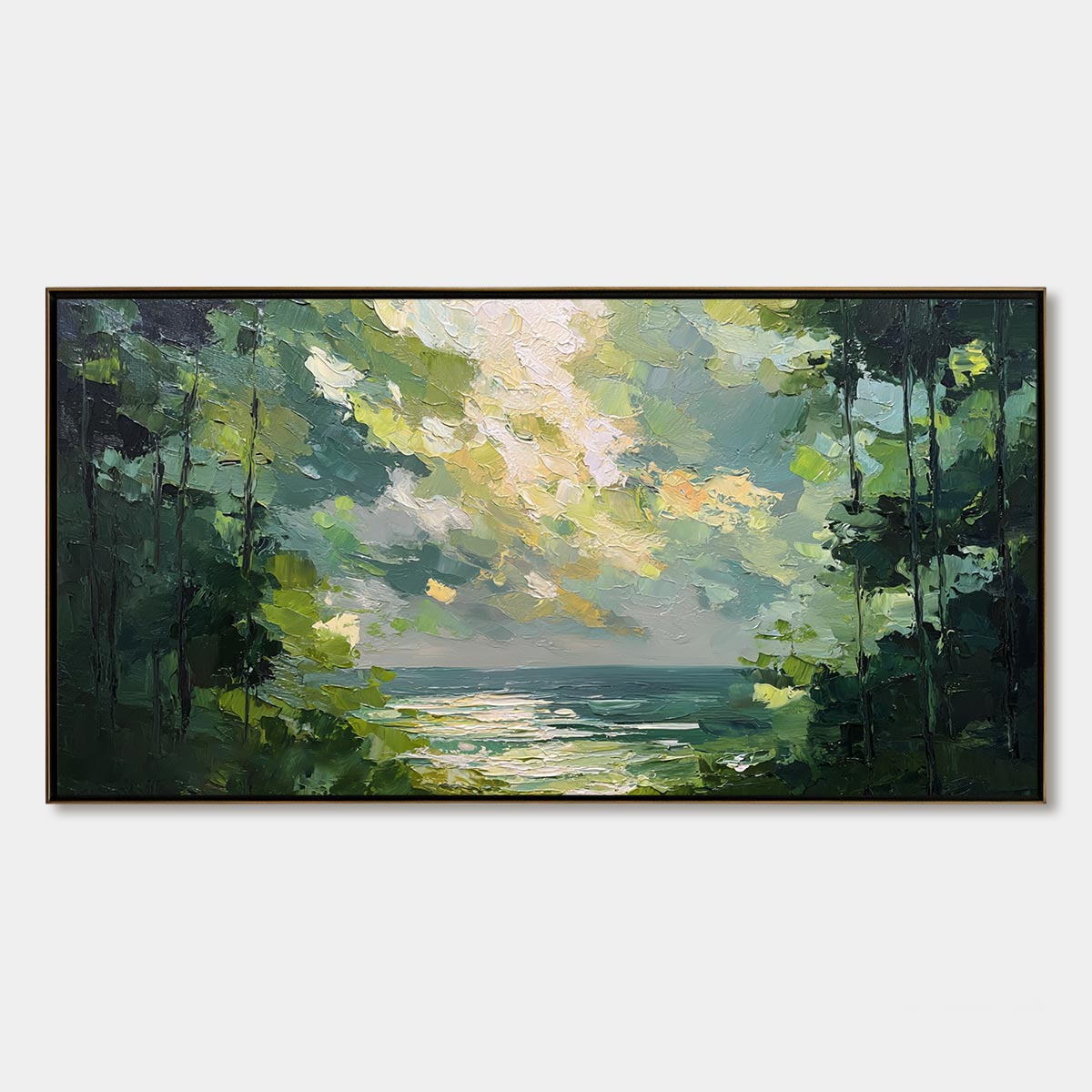 EMERALD OVERLOOK: Textured Palette Knife Seascape Forest Painting