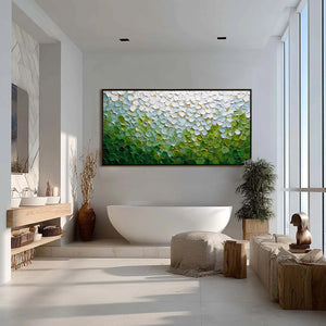 Emerald Petals original impasto wall art: green, white, gold landscape