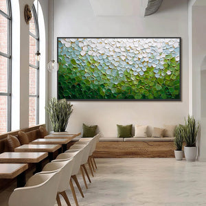 Textured abstract impasto painting, green, white, gold. Original handmade modern wall art.