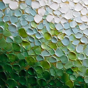 Textured impasto original abstract painting, emerald green, white, gold petals.