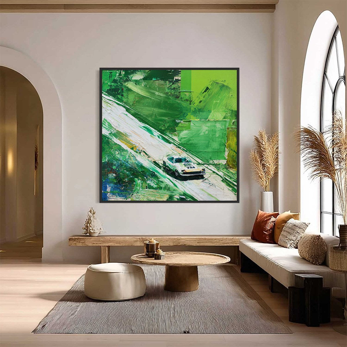 EMERALD RUSH: Textured Sports Car Racing Impasto Oil Painting