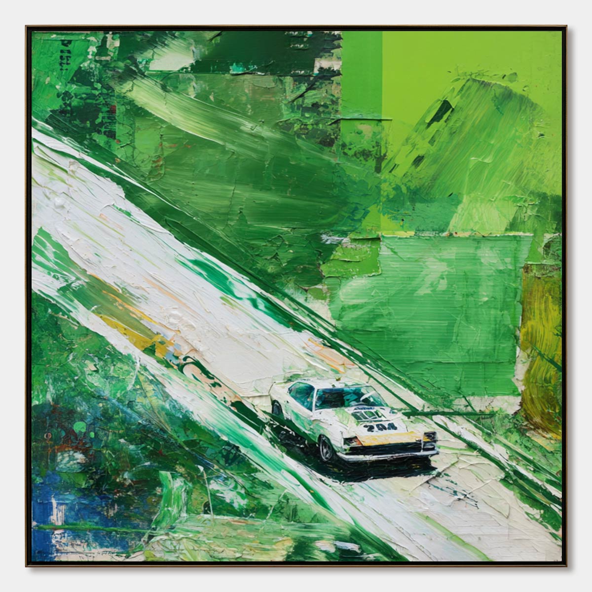 EMERALD RUSH: Textured Sports Car Racing Impasto Oil Painting
