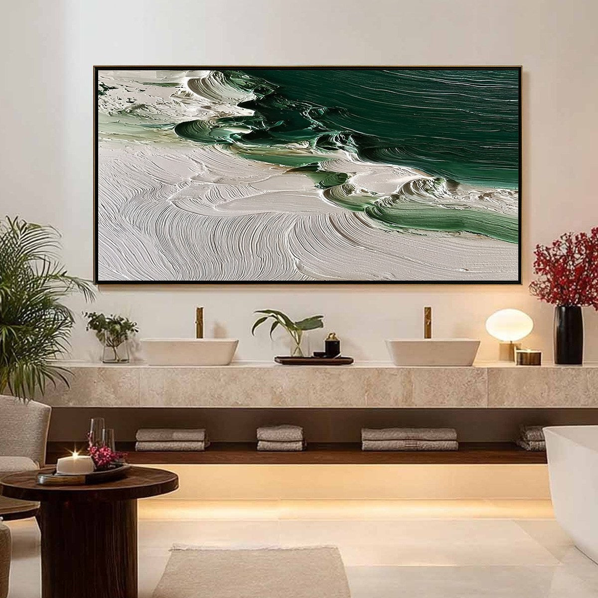 EMERALD TIDE: Textured Green and White Wabi Sabi Abstract Painting