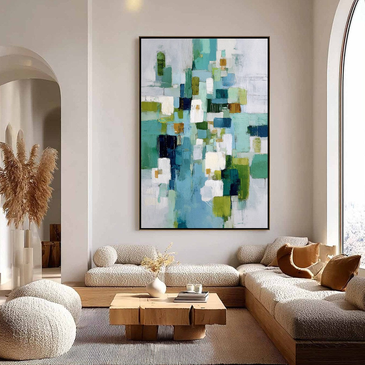 EMERALD CASCADE: Modern Geometric Abstract Painting in Green and Blue