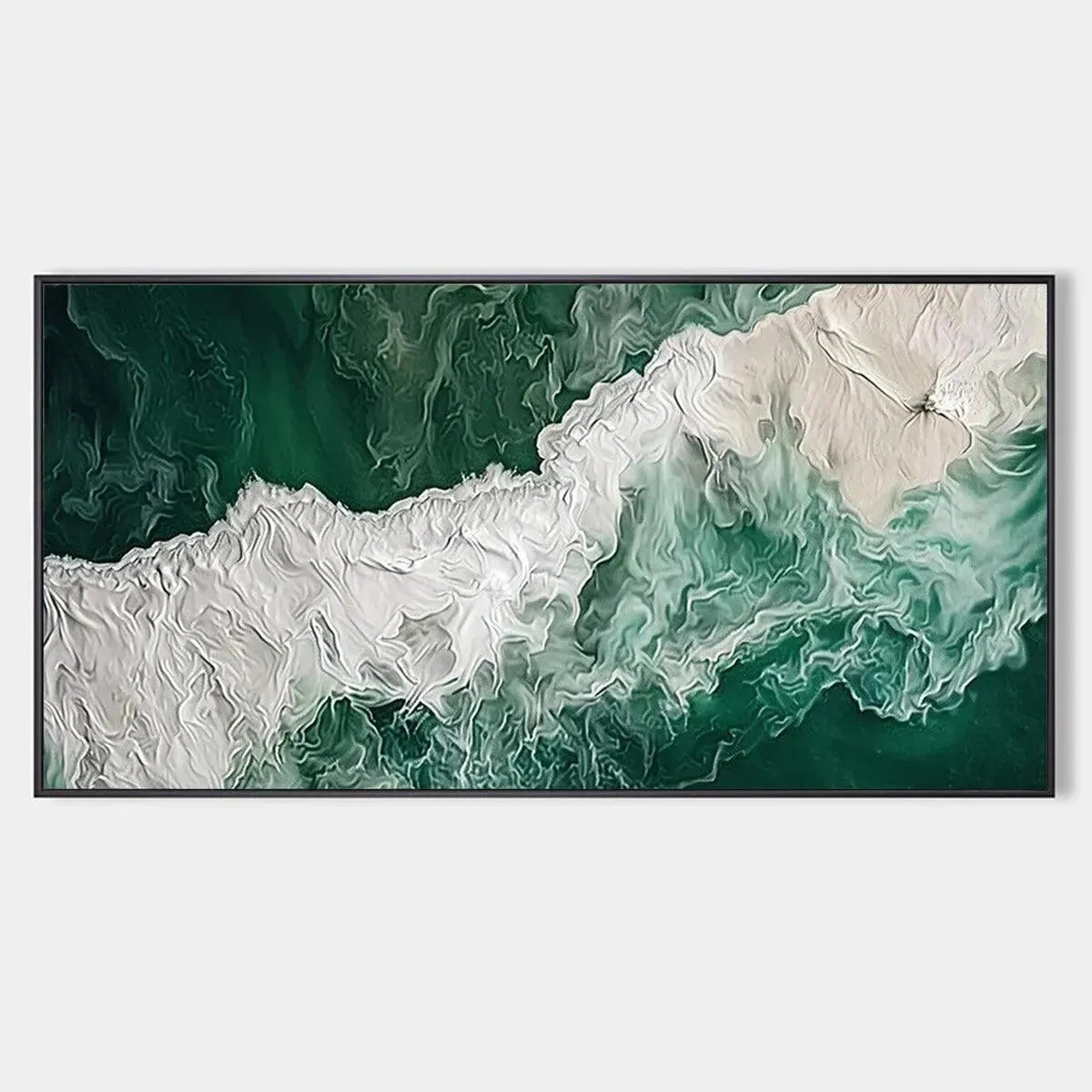 Emerald Flow original abstract ocean painting - textured horizontal wall art with emerald green waves and white foam.