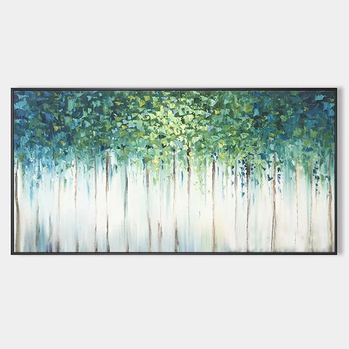 Emerald Forest abstract painting, vibrant green and blue canopy, light tree trunks, framed in sleek black.