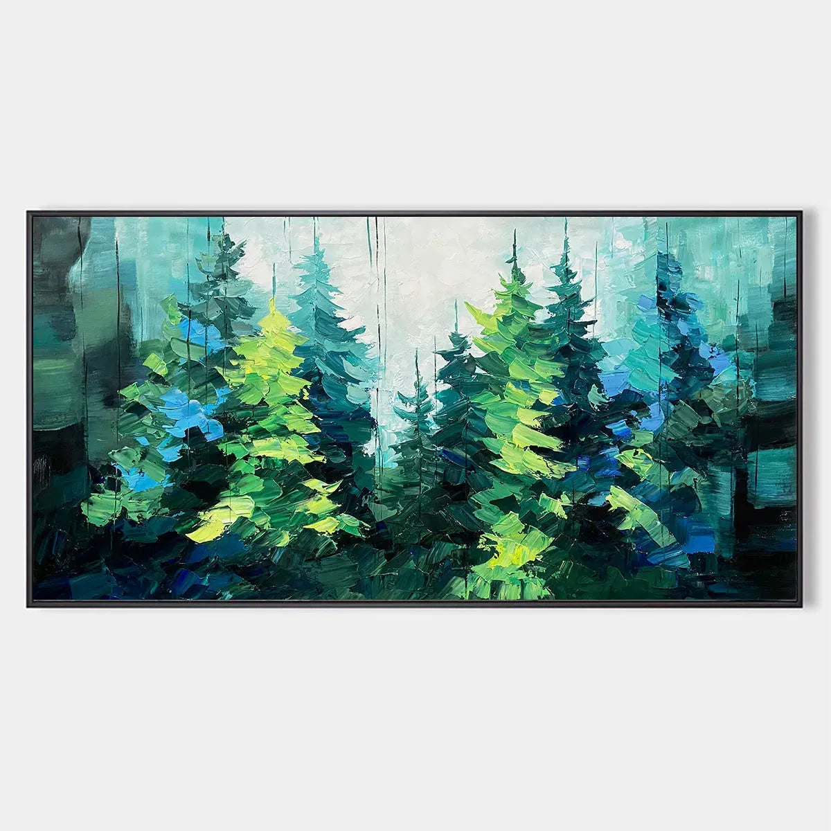 Panoramic Landscape Painting of an Evergreen Forest, Textured Impasto, Modern Wall Art, Green