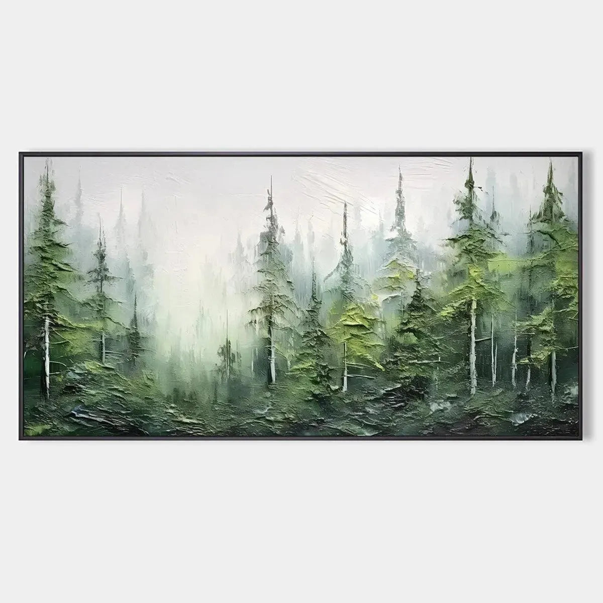 Textured emerald forest oil painting, atmospheric pine trees with impasto detail, misty background. Liam O'Connell artwork.