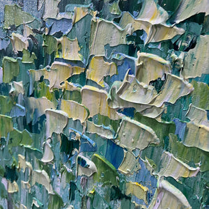 Emerald Forest abstract painting, vibrant green and blue canopy, light tree trunks, framed in sleek black.