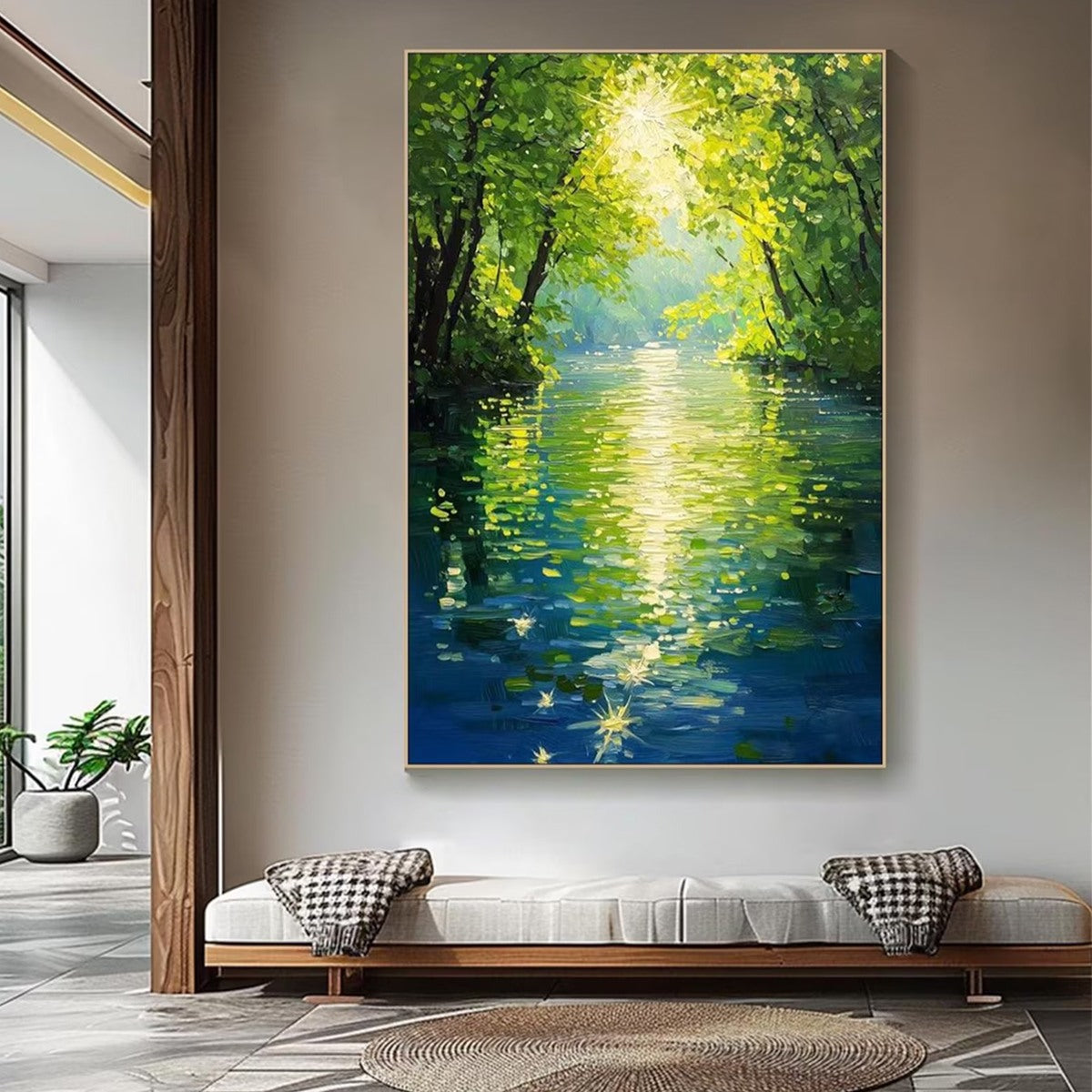 EMERALD GLOW: Impressionist Forest River Landscape Painting