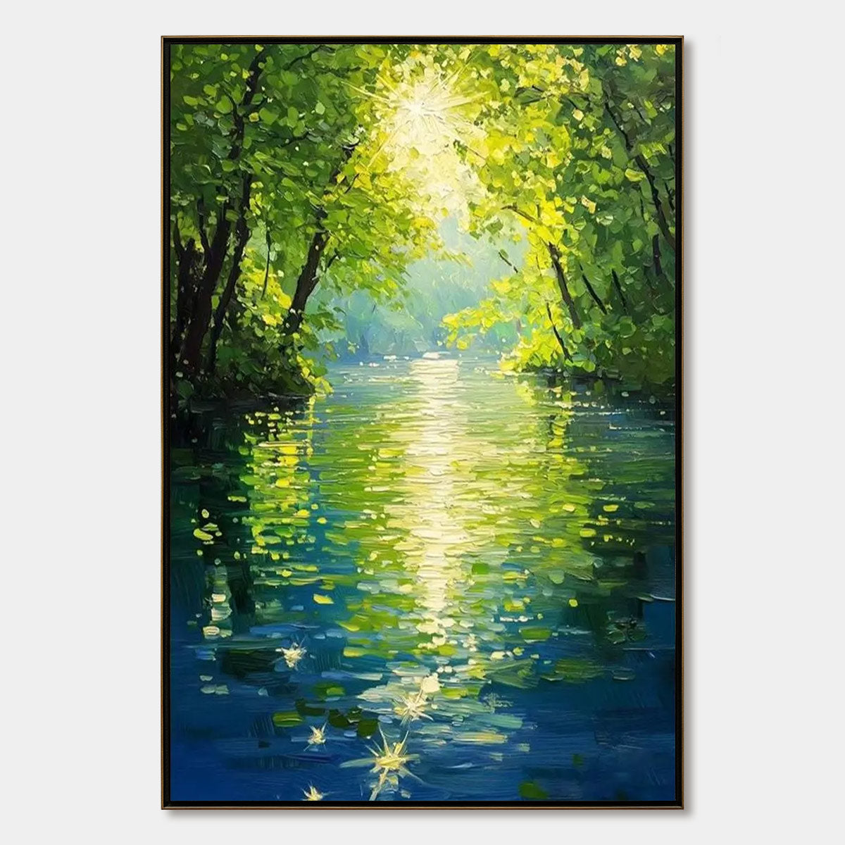 EMERALD GLOW: Impressionist Forest River Landscape Painting