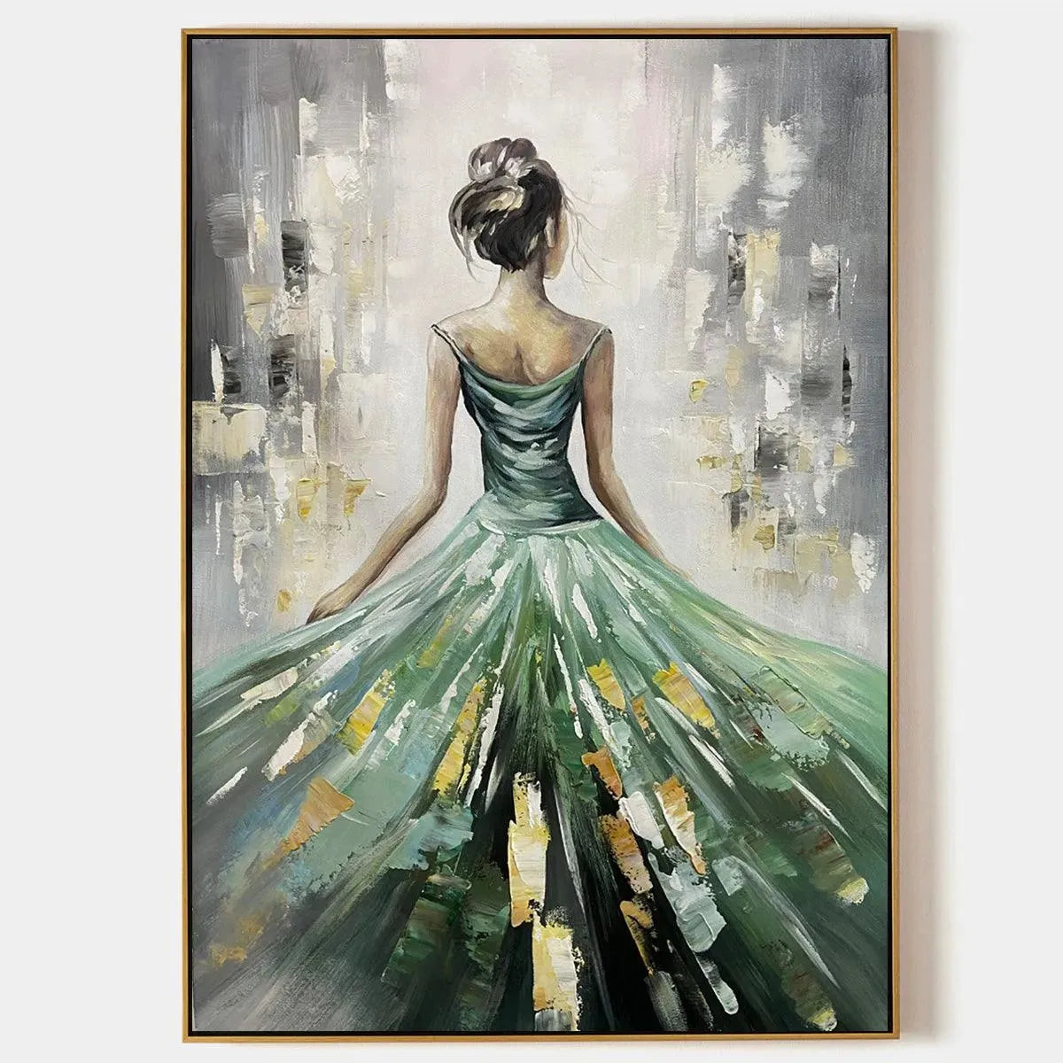 knee length dresses for ladies Emerald Grace: Woman in Green Dress Painting | Vertical Canvas