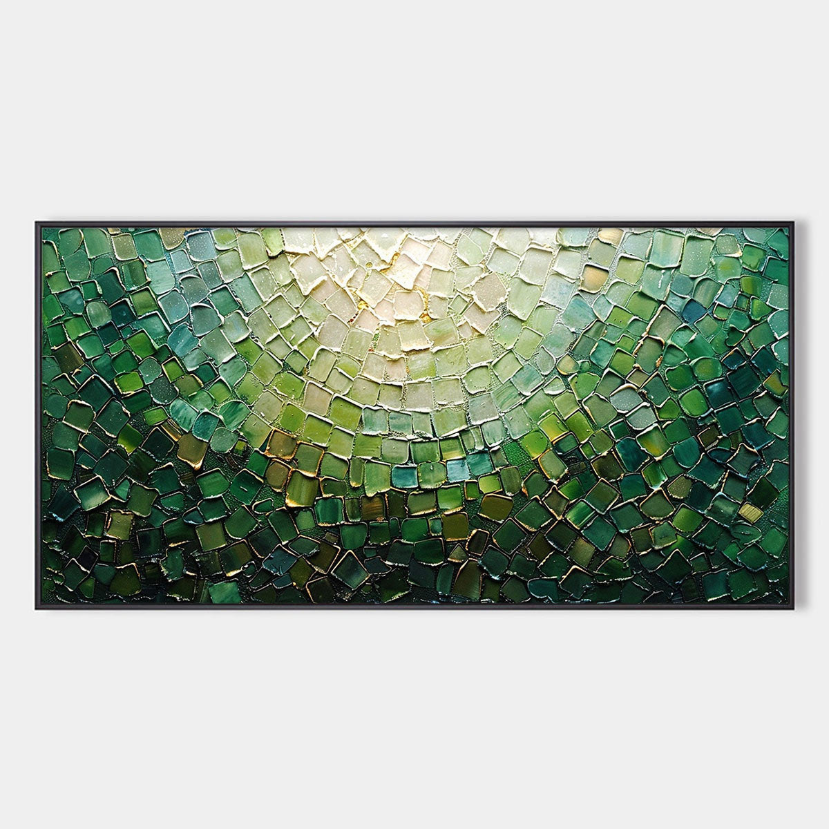 Emerald Mosaic: Original Abstract Green and Gold Oil Painting - Textured Panoramic Wall Art Decor