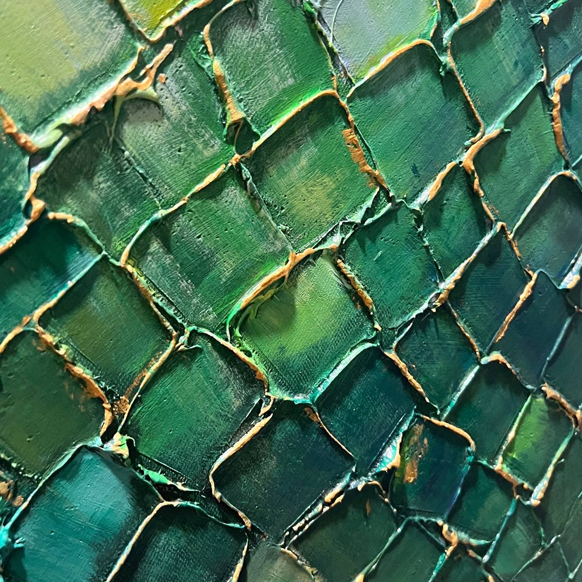 EMERALD MOSAIC: Textured Abstract Green and Gold Oil Painting