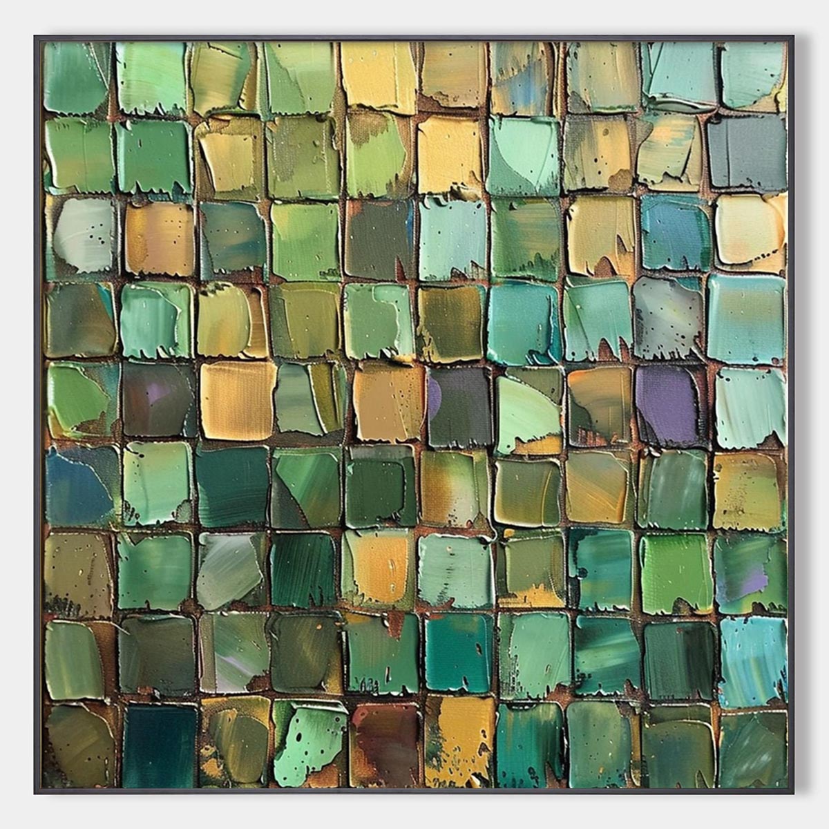 Emerald Mosaic: Original Abstract Green Oil Painting - Textured Square Wall Art