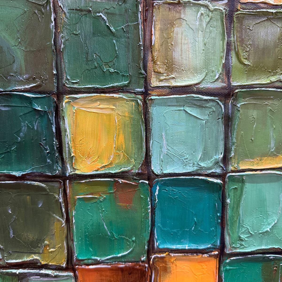 EMERALD MOSAIC: Textured Abstract Green and Gold Oil Painting