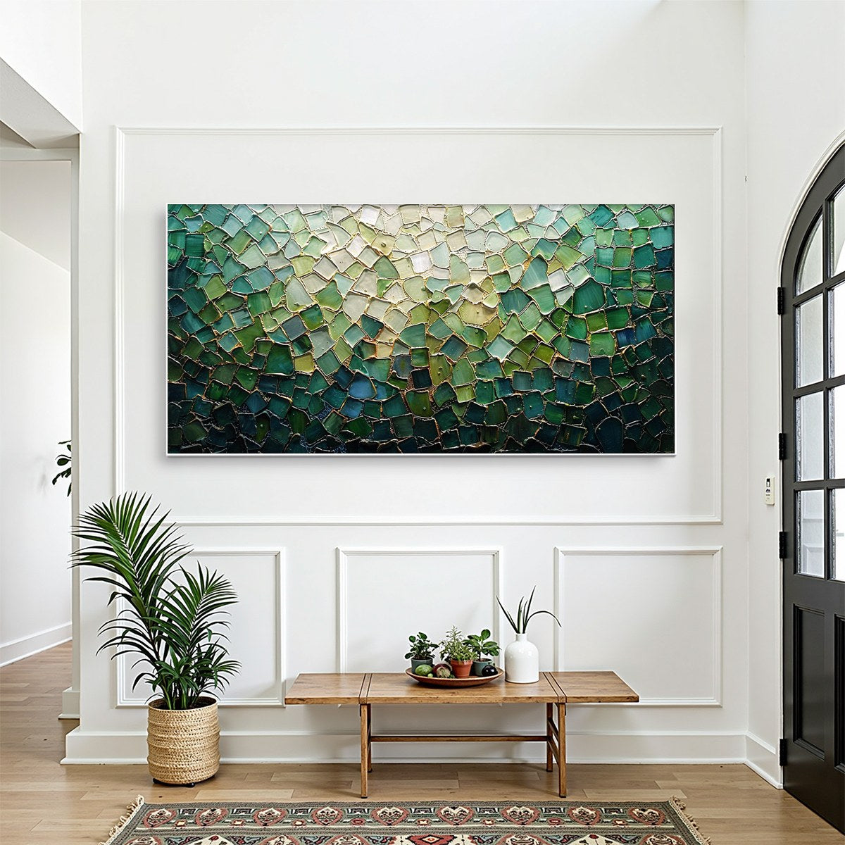 Emerald Mosaic: Original Textured Abstract Landscape Oil Painting - Green Gold Wall Art