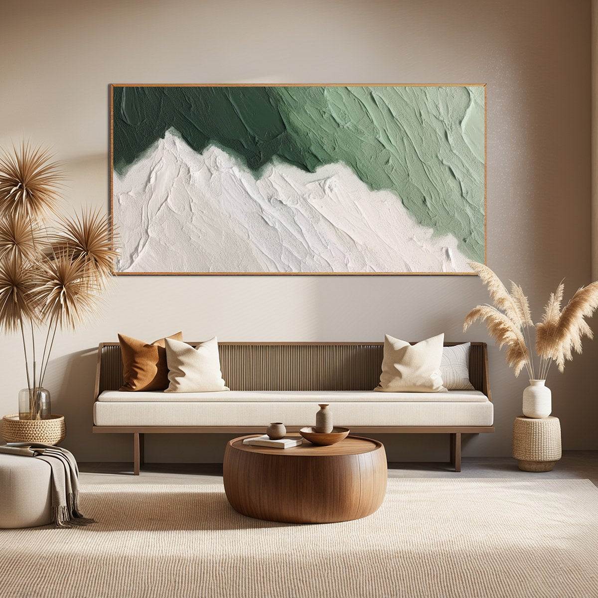 Emerald Peaks: Original Minimalist Green and White Oil Painting - Textured Abstract Landscape Wall Art