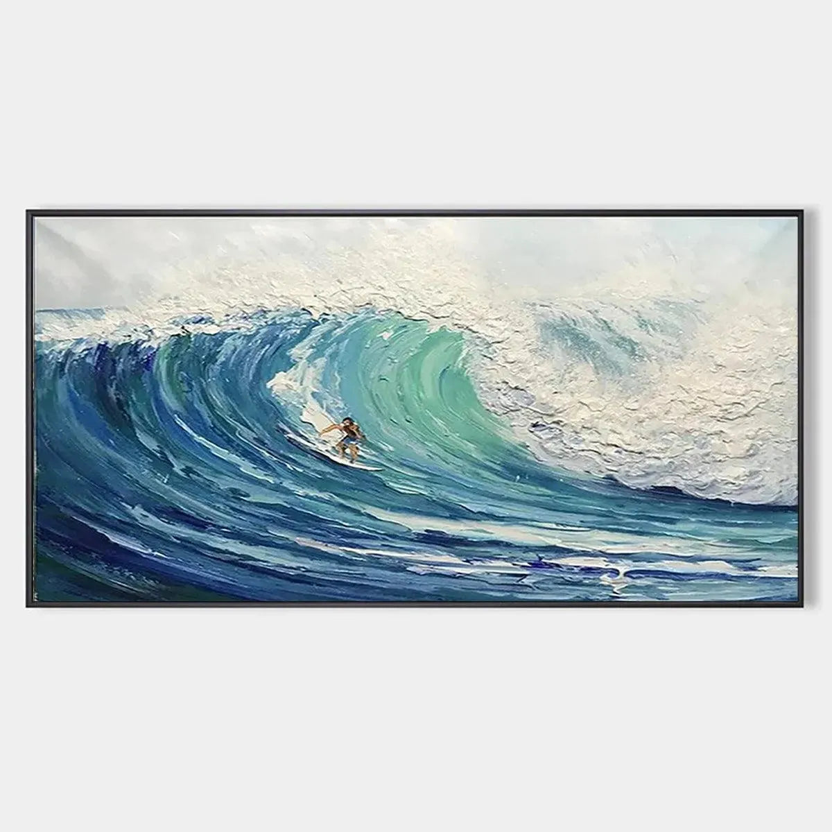 Textured blue ocean wave painting with surfer, Emerald Surge by Liam O'Connell.