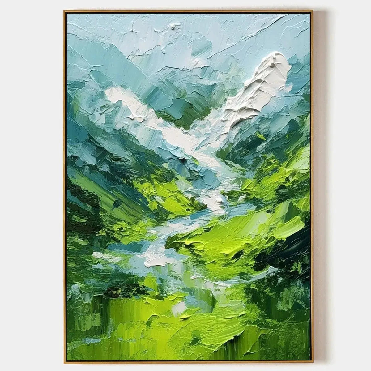 Emerald Valley textured green abstract mountain painting by Willow Davies, impasto landscape with gold frame.