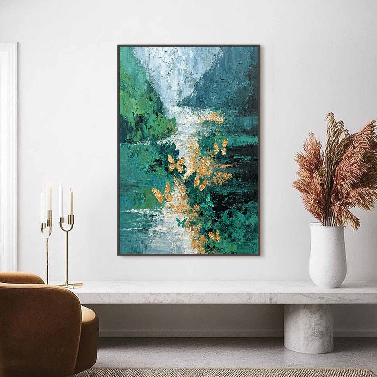 EMERGENCE: Textured Impasto River Painting with Golden Butterflies