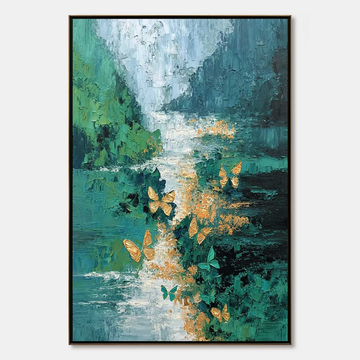 EMERGENCE: Textured Impasto River Painting with Golden Butterflies