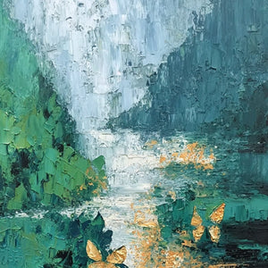 EMERGENCE: Textured Impasto River Painting with Golden Butterflies