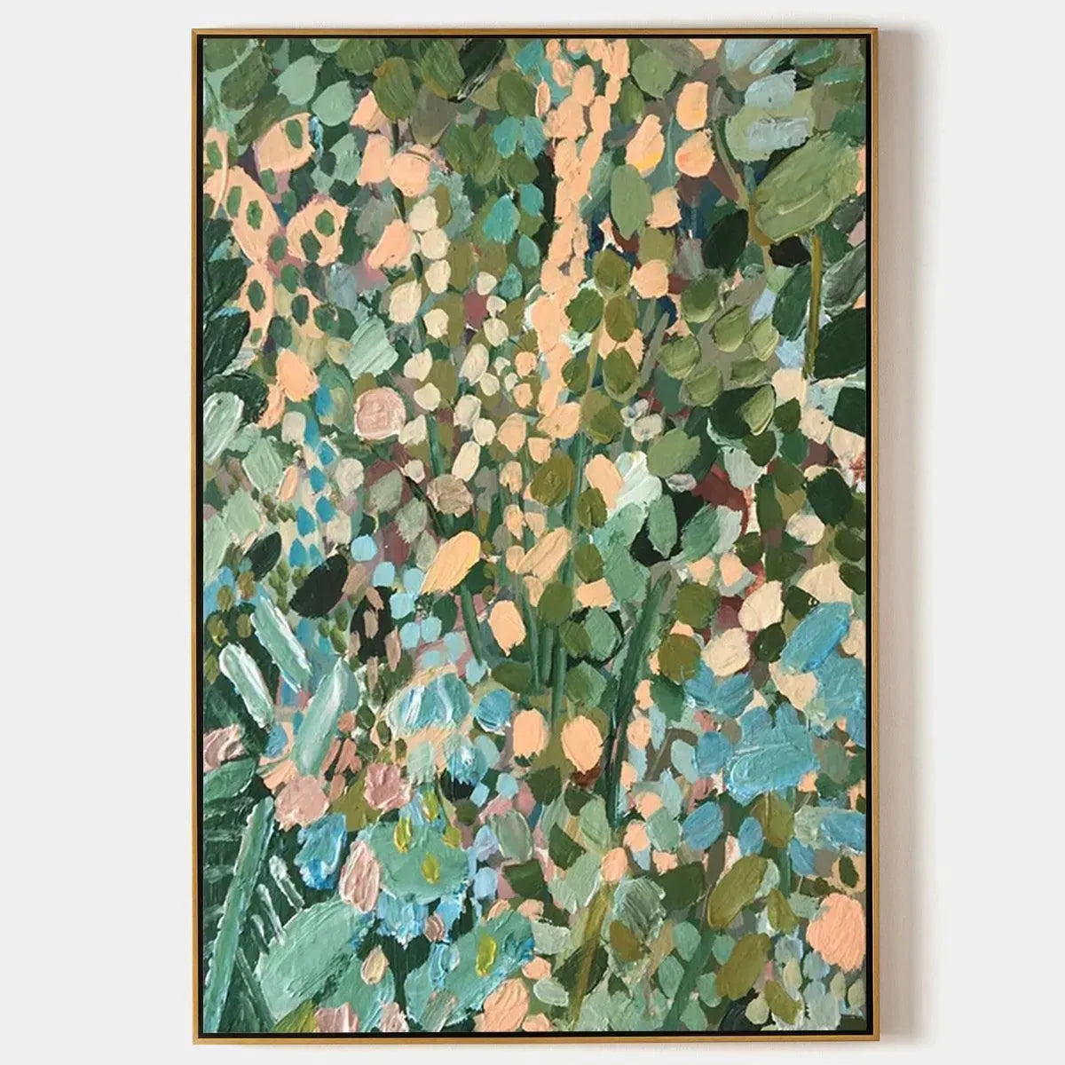 Vertical abstract floral painting "Enchanted Garden" by Elodie Dubois in green, blue, and peach, framed in gold.