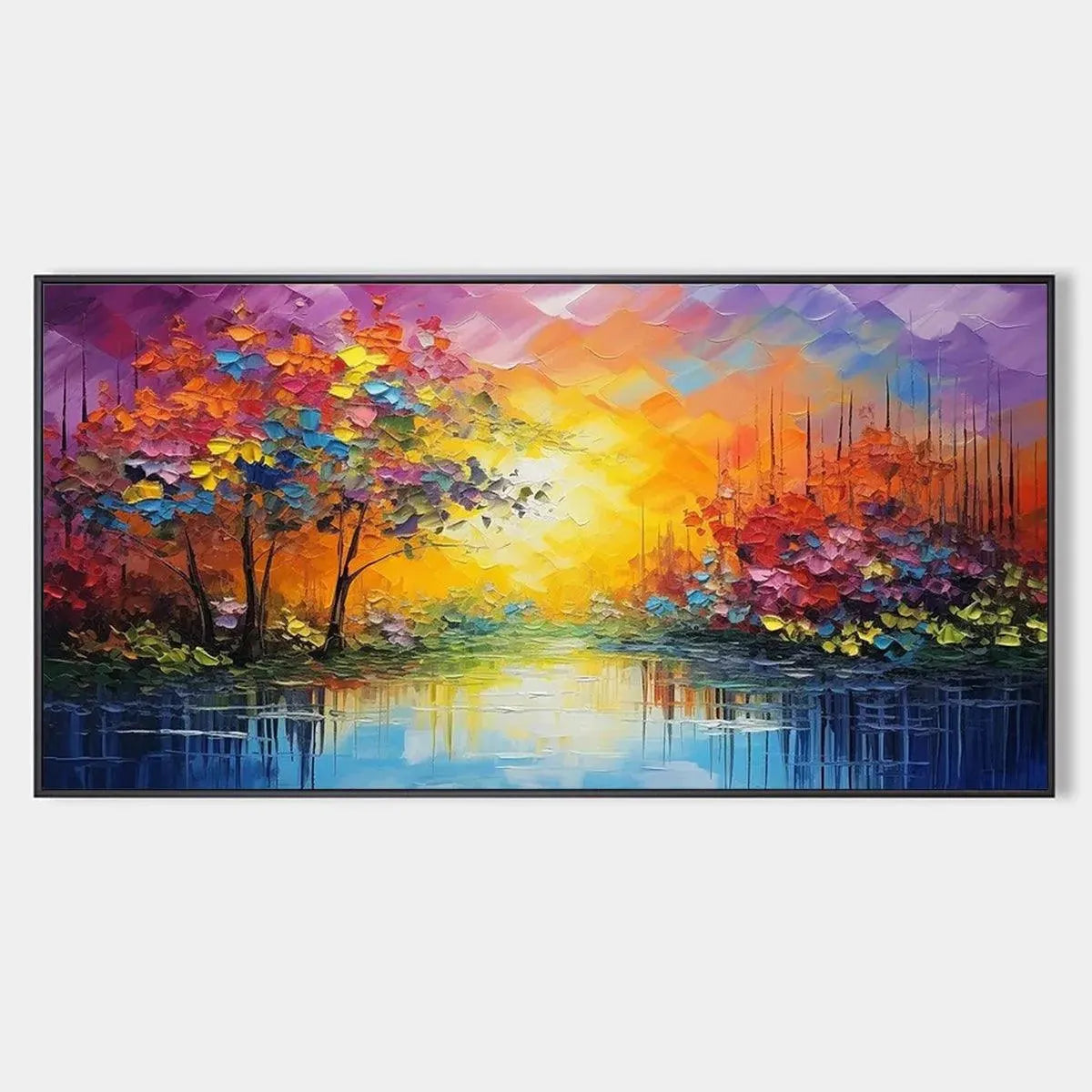 Enchanted Riverview impasto landscape painting: colorful foliage, reflective lake, sunset sky, vibrant hues, black framed.