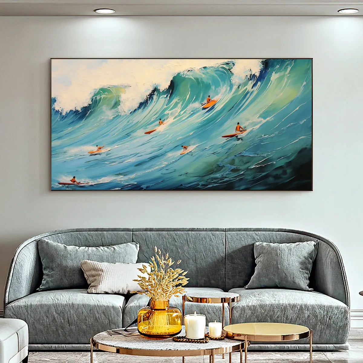 EPIC RIDE: Panoramic Ocean Painting of Surfers on a Majestic Wave