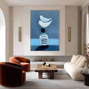 Original textured oil painting "EQUILIBRIUM" with serene blue figurative art and two birds, handmade modern wall art.