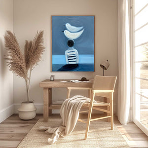 Modern wall art: original textured oil painting "EQUILIBRIUM" with blue figurative style.