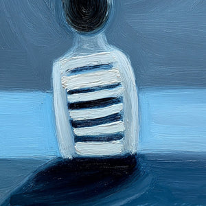 EQUILIBRIUM: Textured blue impasto oil painting of figure in striped shirt. Original wall art.