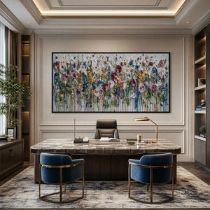 Colorful impasto flower field painting in a modern office above marble desk