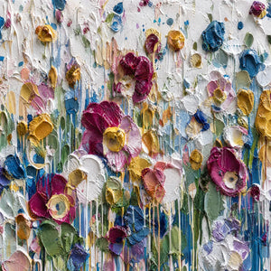 Colorful impasto flower field oil painting with thick textured petals