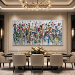 Colorful impasto flower field painting with textured oil and acrylic drips