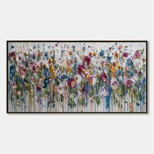 Colorful textured impasto flower field painting with cascading paint drips