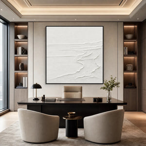 Minimalist white textured seascape painting, handmade acrylic wall art for modern office
