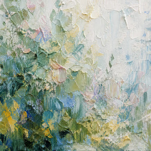 Heavily textured abstract floral garden oil painting in soft green, blue, and blush tones