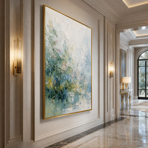 Heavily textured abstract floral garden painting in gold frame, green blue and blush tones