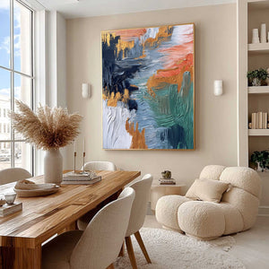 Textured vertical abstract art 'Ethereal Cascade' with gold accents.