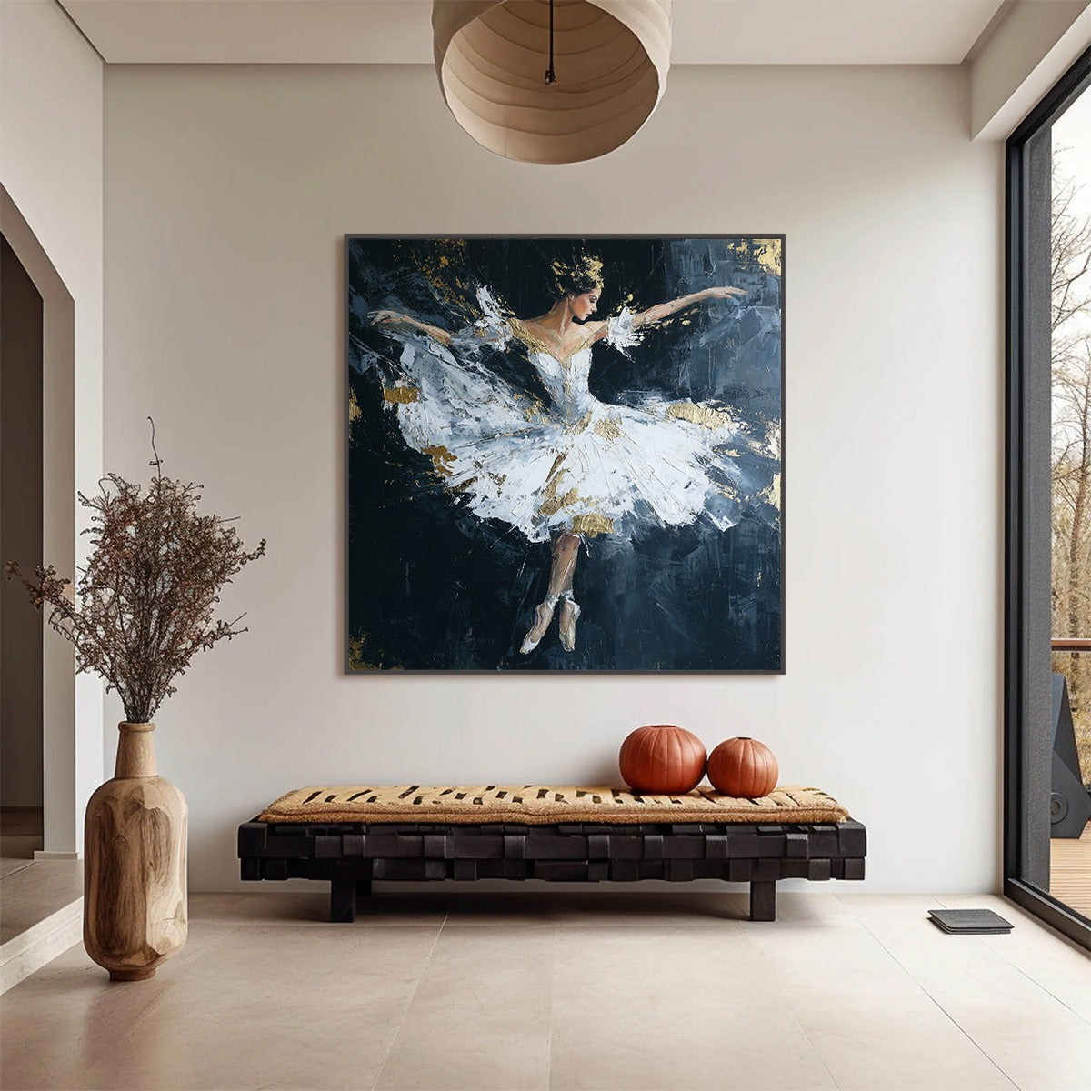 ETHEREAL POISE: Textured Gold Leaf Ballerina Painting